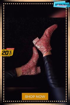 Casual Fashion Sequins Solid Boots Red Mid-calf Boots For Winter Party, Red Mid-calf Winter Party Boots, Red Winter Mid-calf Boots For Party, Trendy Party Boots With Round Toe, Red Party Booties For Fall, Glamorous Boots With Round Toe For Party Season, Glamorous Round Toe Boots For Party Season, Glamorous Round Toe Boots For Parties, Glamorous Party Season Boots With Round Toe