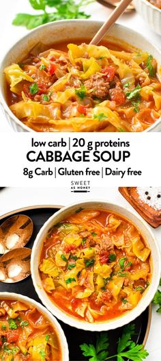 low carb, 20 g protein cabbage soup in a white bowl with spoons