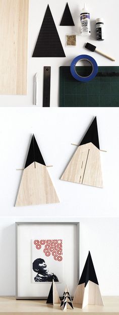 three different angles of the same triangle on a wall with some paint and woodworking tools