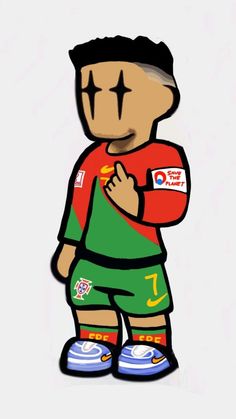 a cartoon image of a soccer player in green and red uniform with his hand on his chest