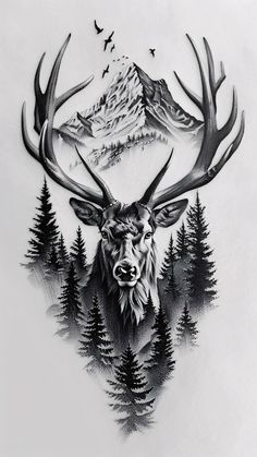 a drawing of a deer with trees and birds on it's head, in front of a mountain