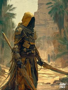 a man dressed in armor and holding two large swords standing on a desert area with palm trees