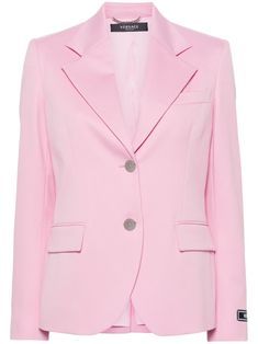 light pink stretch-wool twill weave notched lapels long sleeves with faux buttoned cuffs appliqué logo at the sleeve chest welt pocket two front flap pockets American rear vent straight hem multiple internal slip pockets silk lining front button fastening signature Medusa Head buttons Blazer Pink, Medusa Head, Twill Weave, Wool Blazer, Flap Pocket, Welt Pocket, Single Breasted, Versace, Light Pink