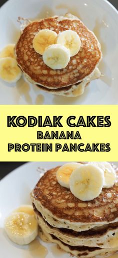 two pictures of pancakes with banana slices on top and the words kodiak cakes written below