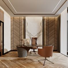 a modern office with wood floors and marble wall paneling, along with a round table surrounded by two chairs