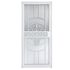 a white door with an ornate design on the front and side panels, against a white background