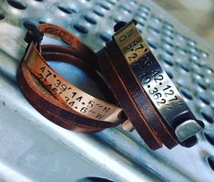 "GPS coordinates bracelet! Duo leather cuffs for couples.  Description  Leather bracelet, he wraps his wrist on three turns!This is a beautiful quality leather, Spanish leather. Plate engraved in copper gold galvanized aluminum. Alloy of beautiful materials, which gives this jewelry resistance and durability. You can customize these bracelets with GPS coordinates, just tell me the desired location! (City, Country, or specific address) Indicate the me when ordering in the box: \"Add your personalization\" Show your secret, but be the only ones to understand it ..! Original and romantic gift idea! Standard wrist size 18 centimeters. -> It is possible to choose a different size, for which you need to measure your wrist, or with a flexible meter, or with a cord Choose your size from the drop-d Duo Bracelets, Bracelets Couple, Bracelets For Couples, Coordinates Bracelet, Bracelet Couple, Gps Coordinates, Les Couples, Couple Bracelets, Leather Bracelets