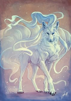 a painting of a white wolf with blue eyes and long, flowing hair on it's head