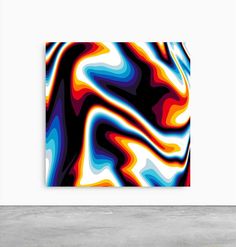 an abstract painting in blue, orange and yellow colors on a white wall next to a concrete floor