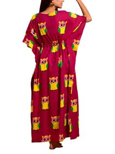 magenta-owl-long-kaftan-10921032RD, Women Clothing, Cotton Kaftan, Magenta Owl Print Long Kaftan Long Kaftan, Owl Print, Caftan Dress, Kaftan Dress, Dress Cover, Best Wear, Fabric Cotton, At The Beach, Color Combinations