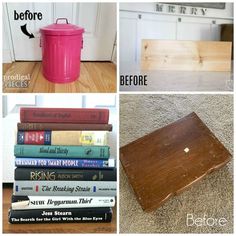 there are four different types of books on the floor and one has a pink trash can