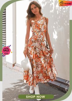 Orange Floral Print Pleated One Shoulder High Waist Maxi Dress Sleeveless Floral Print Maxi Dress For Fall, Fall Floral Print Sleeveless Maxi Dress, Orange One-shoulder Floral Print Dress, Orange One Shoulder Dress With Floral Print, Orange One-shoulder Dress With Floral Print, Casual Orange One-shoulder Dress, Floral Print One-shoulder Maxi Dress For Day Out, Casual One-shoulder Floral Print Maxi Dress, One Shoulder Floral Print Maxi Dress For Day Out