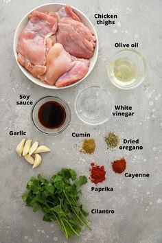 ingredients to make chicken broth laid out in bowls on a gray background with text