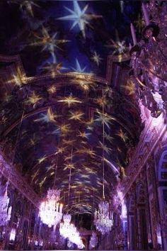 an ornate ceiling with chandeliers and lights in a building that has stars on the ceiling