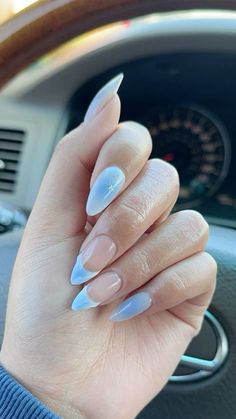 #naildesign #gelx #auranails Light Blue Airbrush Nails, Light Blue Minimalist Nails, Minimal Blue Nails, Light Blue Nail Inspo Almond, Pale Blue Winter Nails, Light Blue Nails With Gems, White And Blue Aura Nails, Blue And White Aura Nails, Blue Clear Nails