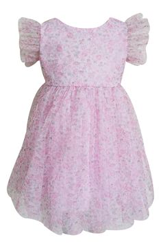 A soft cotton lining keeps your little one moving comfortably in this party dress featuring sweet blooms and adorable flutter sleeves. Cotton lining 100% nylon Hand wash, line dry Imported Spring Playtime Twirl Dress With Flutter Sleeves, Pink Summer Twirl Dress With Flutter Sleeves, Pink Flutter Sleeve Twirl Dress For Summer, Spring Twirl Dress With Floral Print And Flutter Sleeves, Pink Twirl Dress With Flutter Sleeves For Spring, Spring Floral Print Twirl Dress With Flutter Sleeves, Spring Floral Twirl Dress With Flutter Sleeves, Short Sleeve Floral Dress With Ruffles For Party, Pink Cap Sleeve Summer Dress