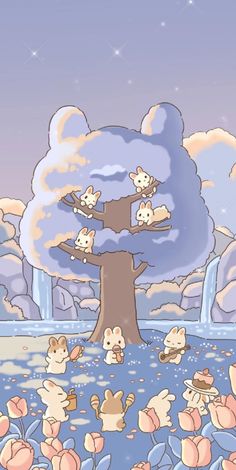 an animated tree with many animals in it and flowers around the tree, as well as stars