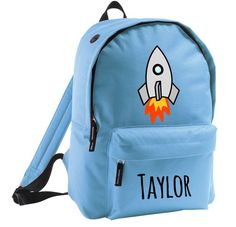 This is a handmade itemPlease allow up to 3 working days before despatch for all handmade orders.This Personalised Name Backpack is super cool and a really unique Birthday Gift For Boys. This Rocket Ship School Bag is perfect to buy for boys going back to school.Whether it's for school, swimming or his latest club your little one will love this washable, any name Kids Rucksack.Personalised Kids Children Student Backpack  in achoice of blue or green with Rocket/Space design by Lizzielane and prin Personalized Bachelorette Gifts, Pink Clutch Bag, Back To School Bag, Pe Design, Birthday Gift For Boys, Rocket Space, School Backpack Boys, Personalized Lunch Bags, Nursery Bag