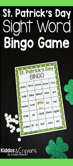 a st patrick's day sight word game with shamrocks on the side and green glitter