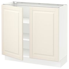 a white cabinet with two doors and shelves on both sides is shown in front of a white background