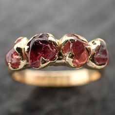 Lovely orange and red sapphires (home tumbled). I hand carved this setting in wax and cast it in recycled solid 18k yellow gold using the lost wax casting process. This one-of-a-kind raw gemstone ring is a size 7 it can be resized up or down for you as needed. The sapphire stones measure about 4-5mm. the band is around mmThroughout all time and history in every tribe and culture all around the world crystals, minerals and gemstones have been used for healing, luck, divination, adornment vibratio Organic Jewellery, Jewelry Wishlist, Sapphire Stones, Raw Gemstone Ring, Red Sapphire, Carnelian Ring, Pretty Rocks, Wedding Rings Solitaire, Silver Wings