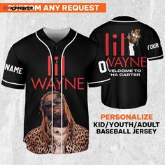 Custom Lil Wayne Welcome to Tha Carter Jersey: Black & Red Baseball Music Shirt Black Baseball Jersey For Streetwear Fan Apparel, Customizable Black Fan Apparel Tops, Custom Print Black Sublimation Design For Fan Merchandise, Black Sublimation T-shirt With Baseball Graphic, Black Graphic Print Sublimation Design For Baseball Season, Black Baseball Jersey With Graphic Print Fan Apparel, Black Baseball Jersey With Graphic Print, Black Graphic Print Baseball Jersey, Black Short Sleeve Baseball Jersey Fan Apparel