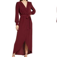 Pretty Burgundy Colored Faux Wrap Dress With Flutter Sleeves And A Tie Waist From Fraiche By J In Size Xl, New With Tags. Dress Is Lined To About Mid-Thigh. Retails For About $108. Elegant Winter Maxi Dress For Brunch, Fall Belted Maxi Dress For Date Night, Solid Color Maxi Dress For Fall Brunch, Solid Maxi Dress For Fall Brunch, Elegant Long Sleeve Faux Wrap Maxi Dress, Faux Wrap Dress For Date Night In Fall, Chic Faux Wrap Fall Dress, Fall Brunch Belted Maxi Dress, Chic Burgundy Long Sleeve Maxi Dress