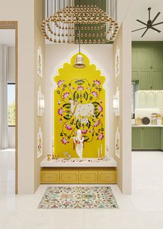 the interior of a house with yellow and white decor on the wall, chandelier above