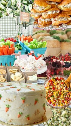 a collage of different foods and desserts displayed on plates, including cakes, pies, salads, and sandwiches