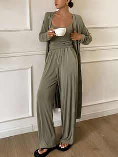 3pcs Minimalist Camisole Cardigan & Pajama Pants Home Wear Set Green       Medium Stretch All Women Sleep & Lounge, size features are:Bust: ,Length: ,Sleeve Length: Sage Green Pajama Set, Lounge Wear Outfit Ideas, Loose Loungewear, Luxury Lounge Wear, Lounge Wear Black, Classy Loungewear, Lounge Clothes, House Wear