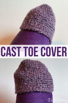 two photos with the words cast toe covers in purple and white text on top of them