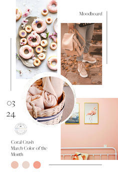 a collage of pink and white photos with donuts in the basket, two women's feet on a bed