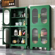 a green cabinet with glass doors is in the middle of a tiled floored room