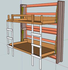 a wooden bunk bed sitting on top of a white floor next to a ladder and wall