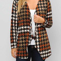 Classy Houndstooth Long Sleeve Cardigan So Cute And Cozy! Perfect For Fall And Winter. * New With Tags * Color: Brown, Tan, Orange, Beige * Light Weight Material * Classic Look * Multiple Sizes! Long Sleeve Houndstooth Cardigan For Fall, Houndstooth Long Sleeve Cardigan For Work, Fall Houndstooth Cardigan For Workwear, Fall Houndstooth Cardigan For Work, Casual Houndstooth Cardigan For Workwear, Fall Houndstooth Pattern Sweater For Workwear, Fall Houndstooth Pattern Sweater For Work, Fall Houndstooth Sweater For Work, Casual Houndstooth Pattern Sweater For Fall