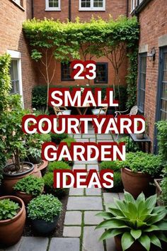 small courtyard garden ideas with plants and potted plants on the ground in front of a brick