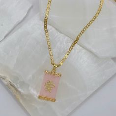 18K gold, stainless steel set with pink jade. wording written on pendant is “love” in the Chinese language Pink Gold Chain Jewelry For Gift, Pink Chain Necklaces For Gifts, Pink Gold Plated Necklace For Valentine's Day, Pink Necklace With Gold Chain For Gift, Pink Gold Chain Jewelry Gift, Pink Gold Chain Necklace For Gift, Fuchsia Necklace, Lavender Necklace, Spiritual Necklace