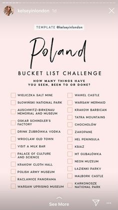 a pink and white checklist with the text poland bucket list challenge written on it