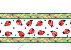 a red and green ladybug ribbon with polka dots on the edge is shown