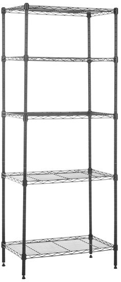 the four tier shelving unit is black and has three shelves on each side, one with