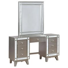 a mirrored vanity with drawers and a mirror on the top, against a white background