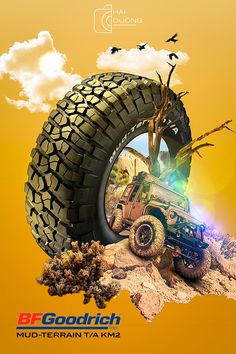 an advertisement for a mud terrain vehicle with birds flying over the tire and tree branches