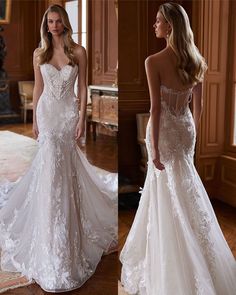 two pictures of the same wedding dress, one in white and one in ivory with an open back