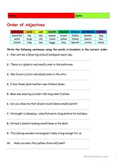 worksheet for grade 2 reading the order of adjucements in english