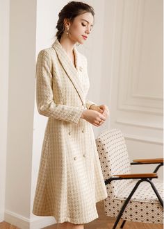 Elegant Fitted Tweed Wool Coat, Elegant Long Sleeve Double-breasted Tweed Jacket, Elegant Long Sleeve Tweed Jacket With Double-breasted Buttons, Fitted Tweed Wool Coat For Work, Beige Tweed Office Dress For Winter, Winter Formal Tweed Dress, Elegant Tweed Wool Coat, Elegant Single-breasted Tweed Wool Coat, Long Sleeve Tweed Dress For Work