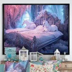 two white unicorns laying on a bed in a room with pink and blue decor