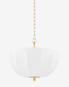 a large white bowl hanging from a gold plated chandelier on a chain