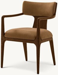 a wooden chair with a brown upholstered seat and armrest, viewed from the front