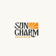 the sun charm sunscreen logo is shown in orange and black on a white background