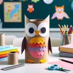 an owl made out of toilet paper sitting on a desk next to some school supplies